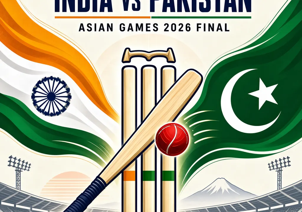 Stylized illustration of India vs Pakistan cricket final at Asian Games 2026, showing crossed bat and stumps with both nations' colors