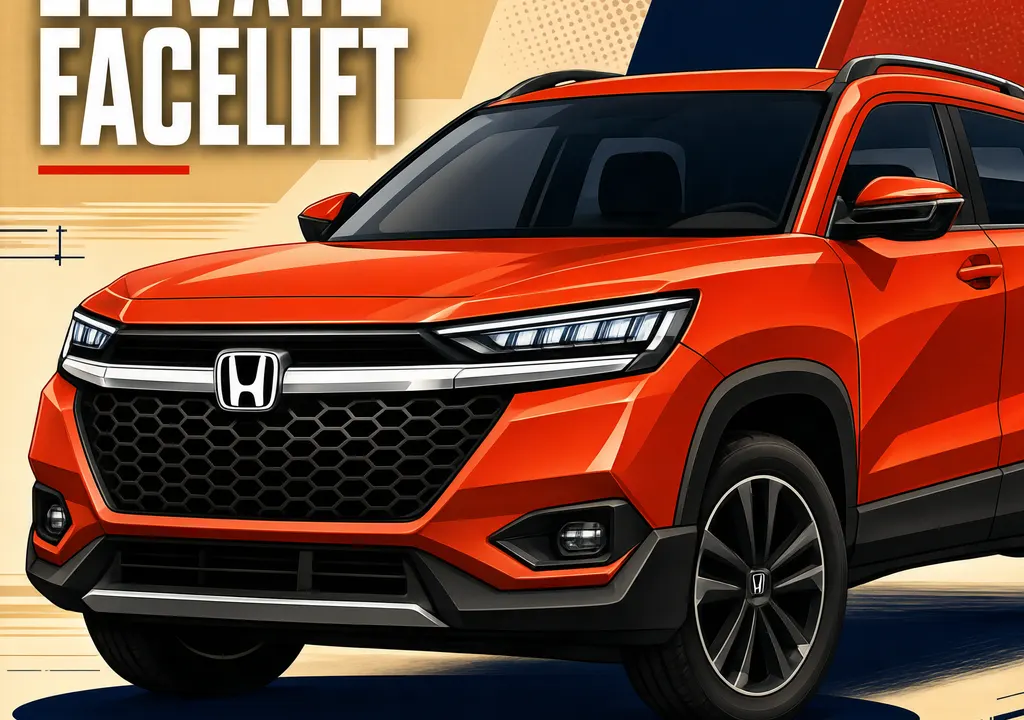 Illustrated Honda Elevate facelift front view showing redesigned grille and repositioned Honda badge