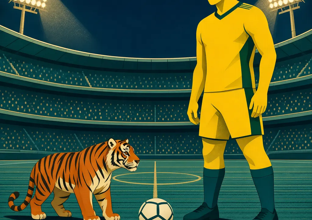 Stylized illustration of India tiger vs Brazil canary on football pitch under floodlights, representing the 4-0 friendly at Salt Lake Stadium Kolkata