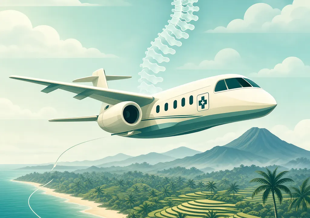 Air ambulance over Bali representing Nushrratt Bharuccha's medical evacuation to Mumbai for spine surgery
