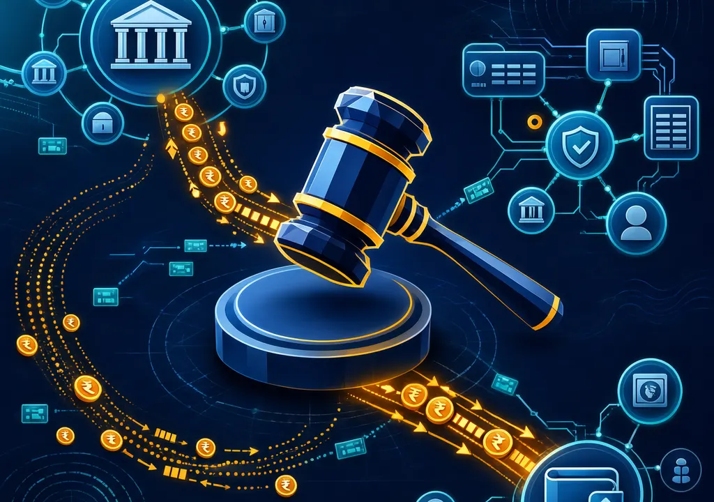 Editorial illustration of a digital money trail flowing through multiple bank accounts, with a court gavel symbolizing judicial scrutiny of fund recipients in cyber fraud cases