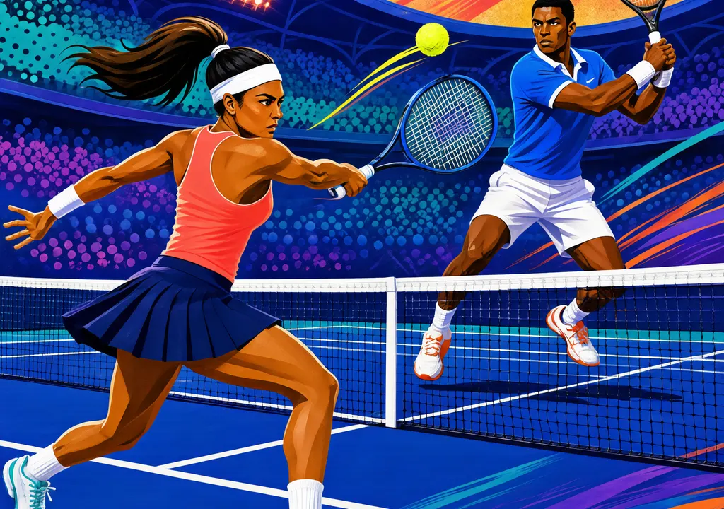 Two tennis players in dynamic action on a hard court, editorial illustration style
