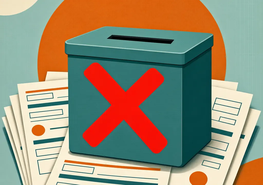 Ballot box with rejected Form 7 papers, editorial illustration