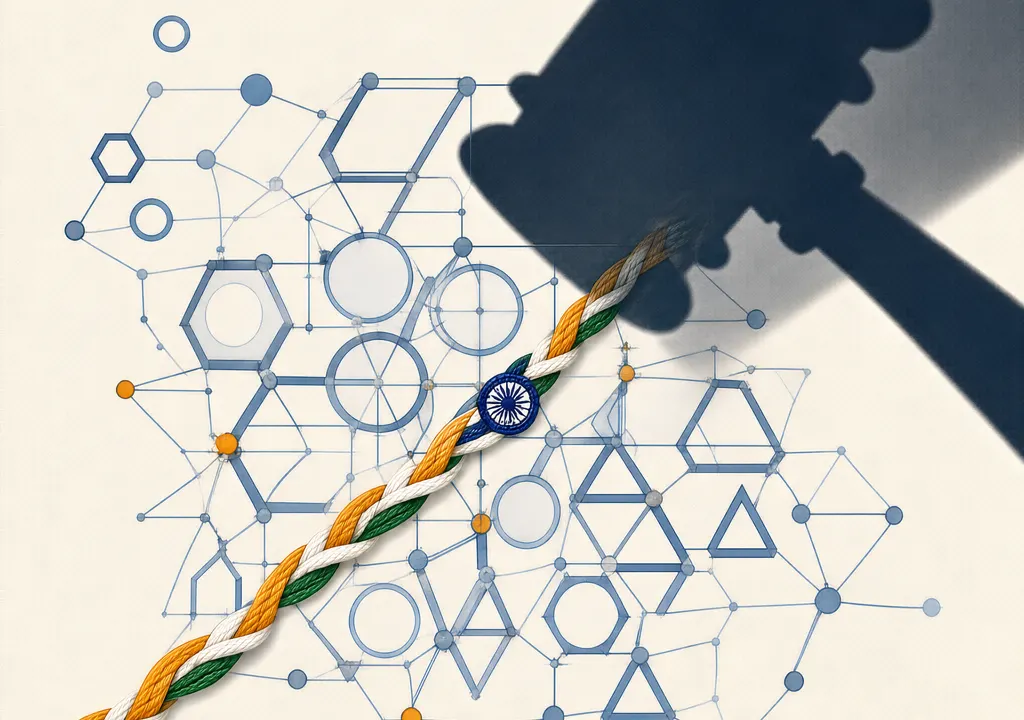 Abstract illustration of global trade rules as a geometric lattice with Indian tricolour thread, under shadow of tariff pressure