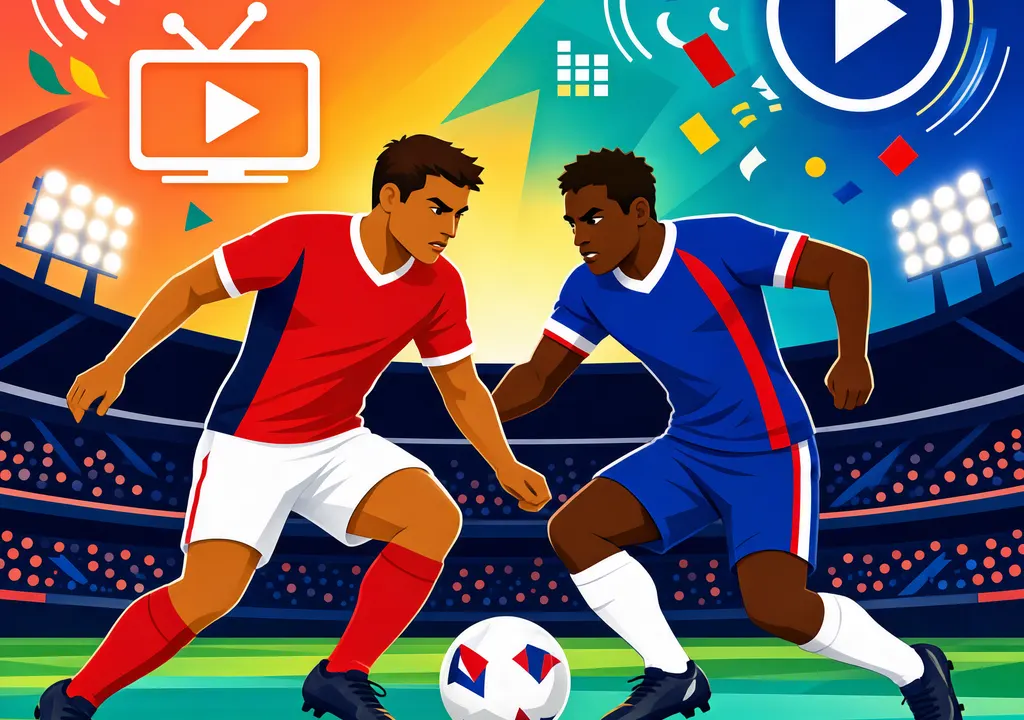 Editorial illustration showing Costa Rica vs Haiti CONCACAF Nations League match with streaming and TV broadcast symbols