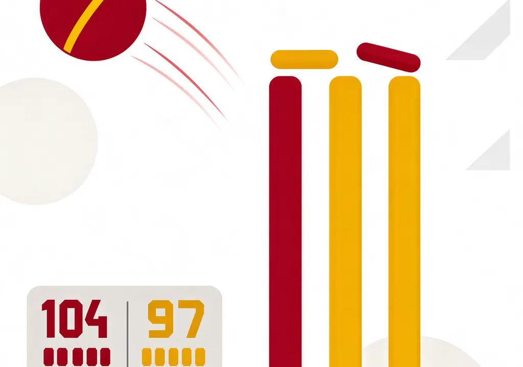 Abstract cricket illustration showing Bahrain red vs Thailand yellow stumps with symbolic 7-run victory margin