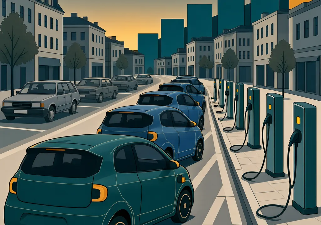 Editorial illustration of small electric cars charging in a European city as sales climb to a record.