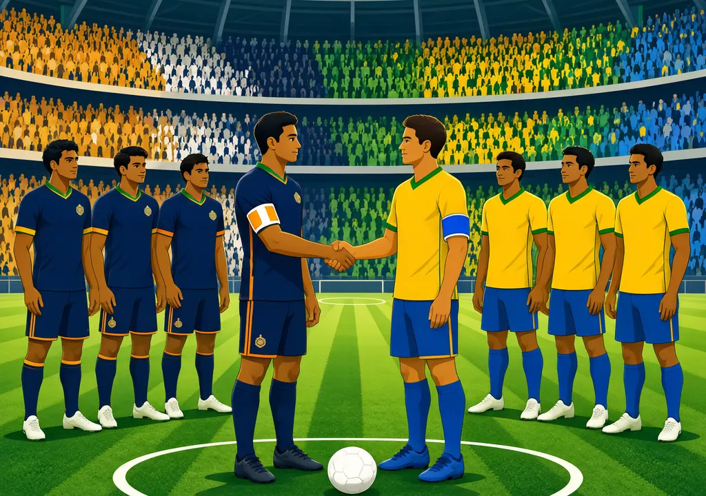 Indian and Brazilian football players shaking hands at center circle of Salt Lake Stadium before their historic first senior international friendly