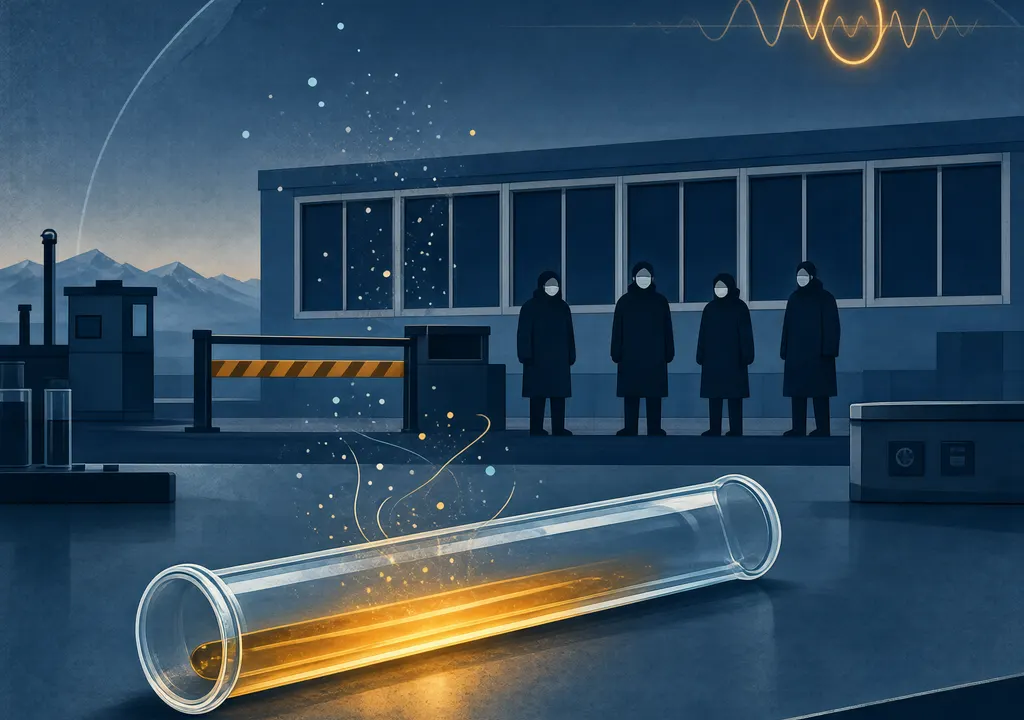 Editorial illustration of a Siberian laboratory and quarantine monitoring after a suspected plague case.
