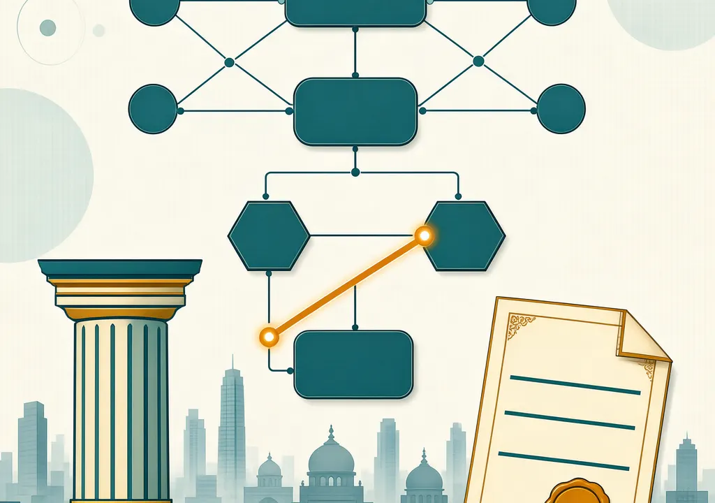 Editorial illustration of an offshore holding-company chain above an Indian corporate skyline, with a tribunal gavel and treaty document, conveying an indirect share transfer tax ruling.