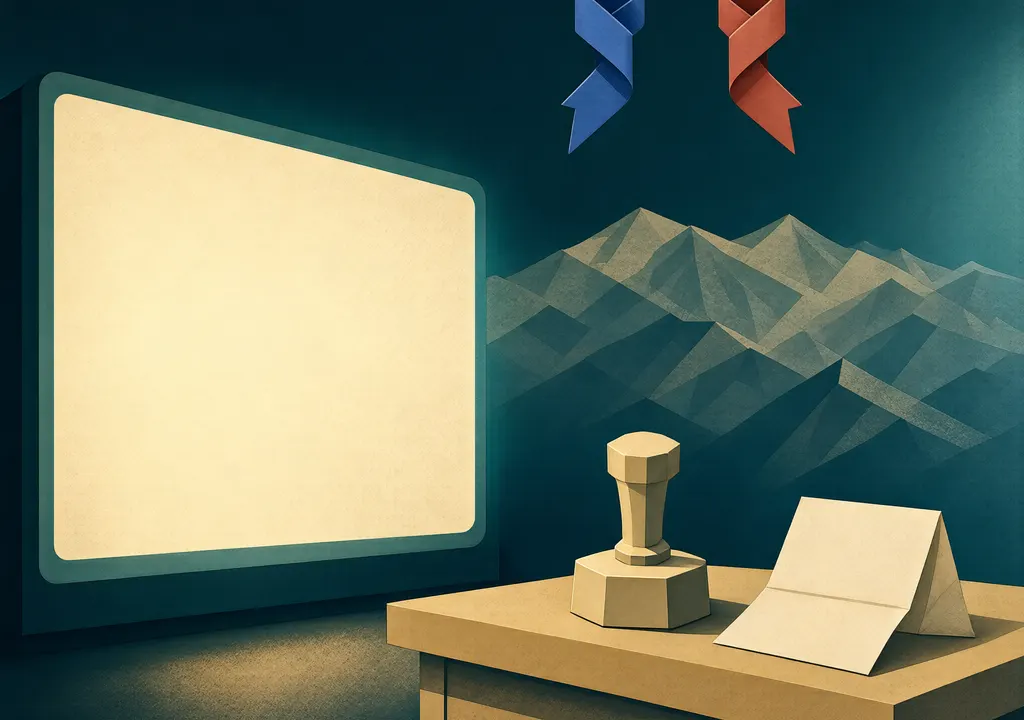Editorial illustration of a cinema screen beside a government approval desk with a mountain-border map, marking film clearance approval.