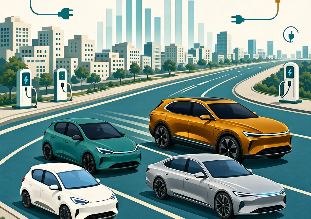 Editorial illustration of electric cars on an Indian city road, one vehicle crossing ahead of another in a reshuffled sales race.