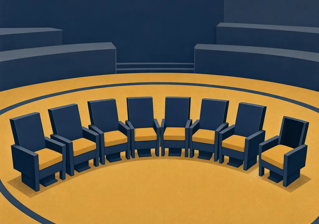 Stylised semicircular chamber with a row of eight seats, the last one vacant.