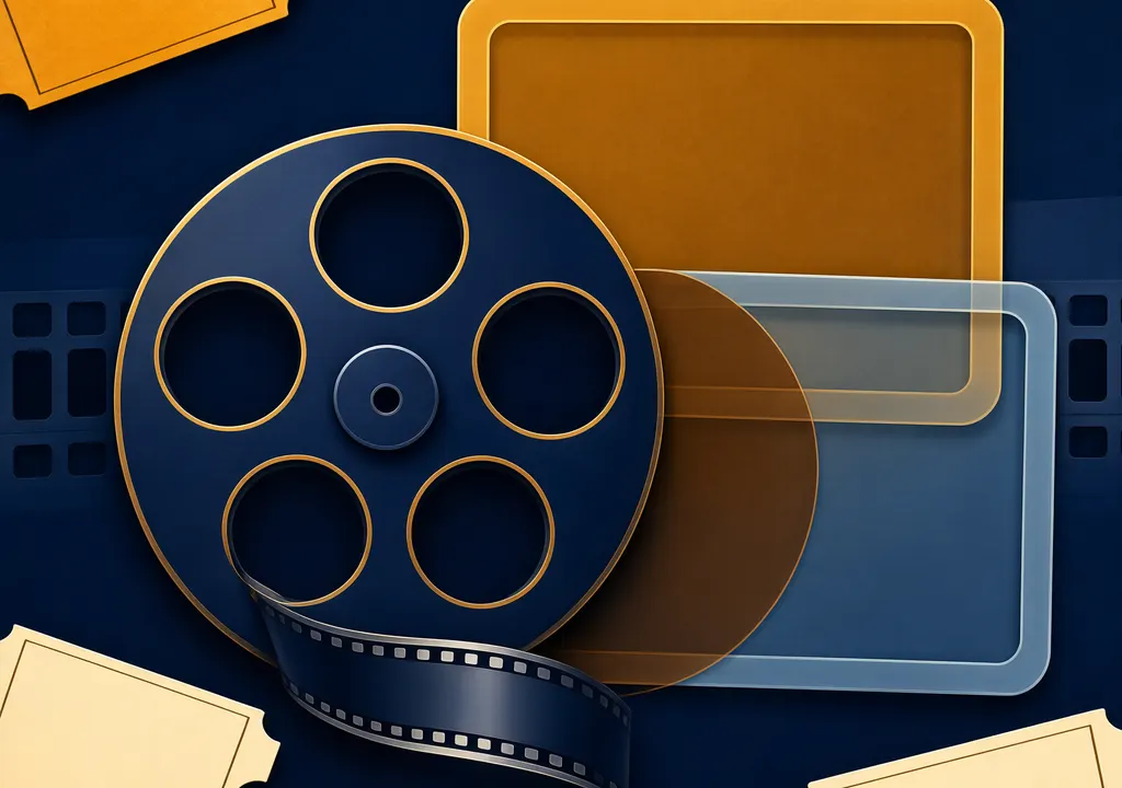 Stylised cinema tickets and a film reel, illustrating the distinction between gross and net box-office collections.