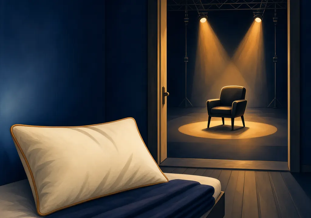 Conceptual illustration of a restful bedroom beside an empty television studio chair.