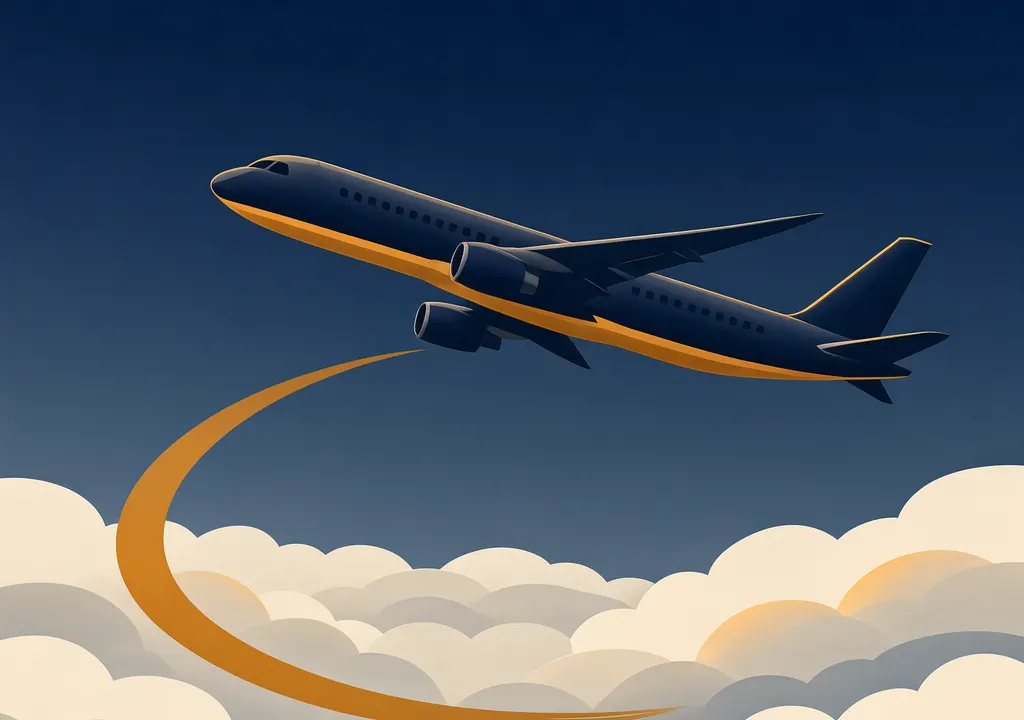 Editorial illustration of an unbranded passenger jet turning above clouds, symbolising a flight turnback.