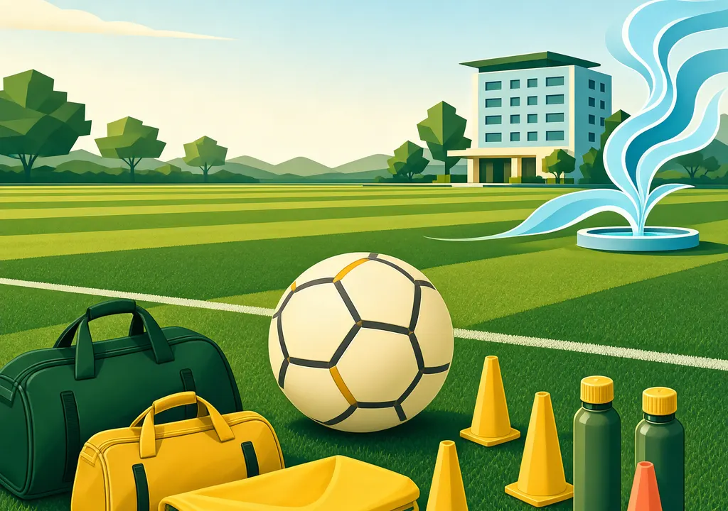 Editorial illustration of football training equipment and a hotel, symbolising improved preparations for Benin.