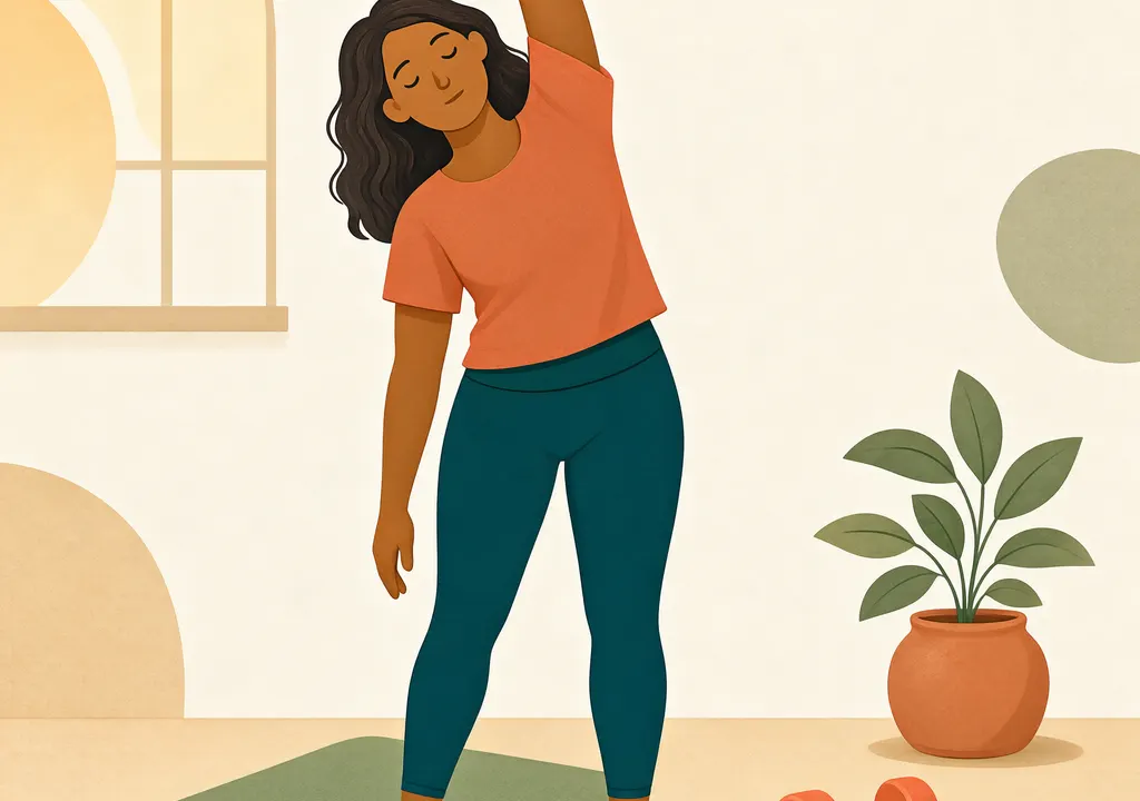 Editorial illustration of a person stretching beside a mat and dumbbells.