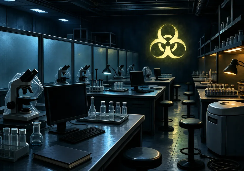 Stylized editorial illustration of a dimly lit research laboratory with a faint biohazard symbol, conveying scientific uncertainty