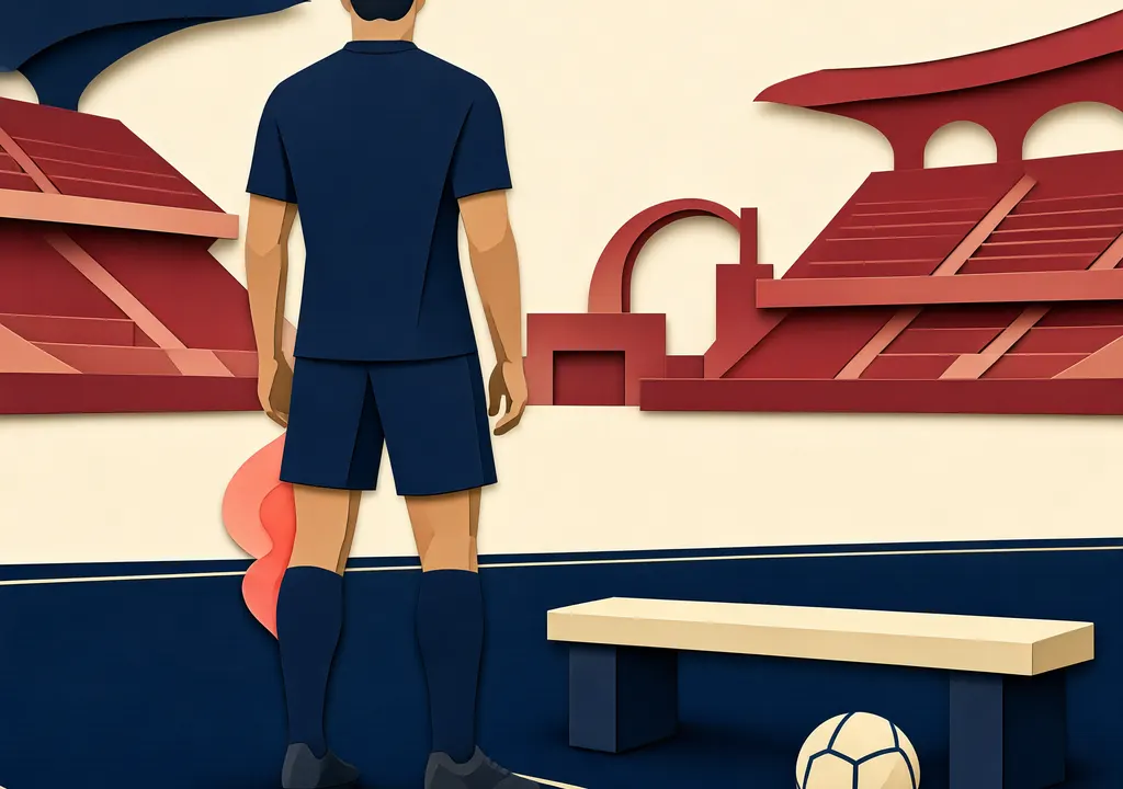 Symbolic illustration of a football defender beside a pitch, with the left hamstring subtly highlighted.