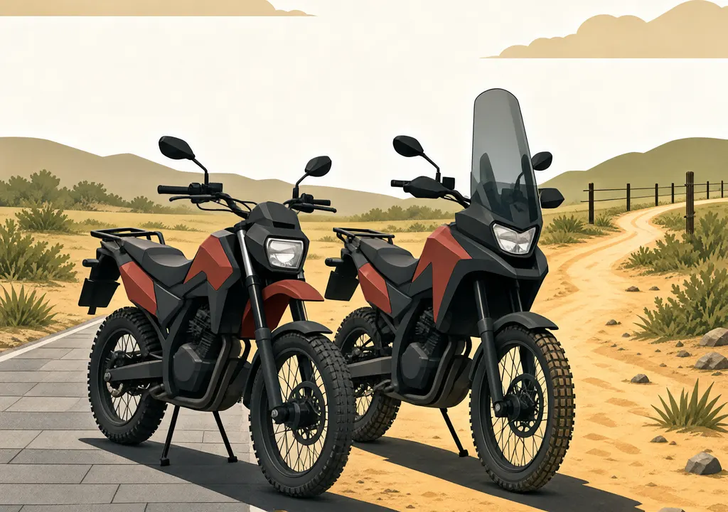 Editorial illustration of two dual-sport motorcycles, including one with a taller windscreen, beside a road and dirt trail.