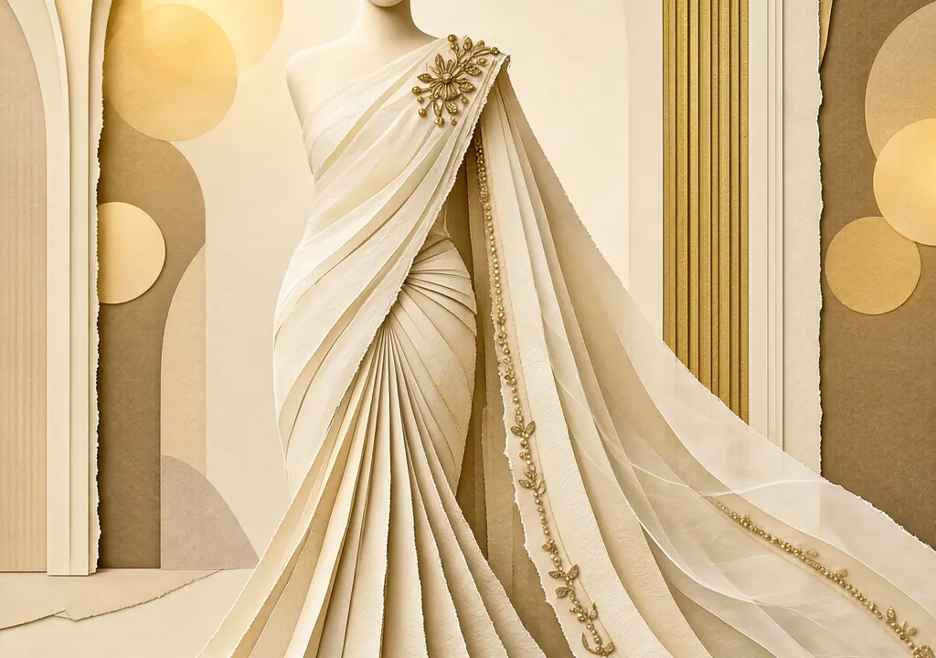 Editorial illustration of an ivory saree with flowing pleats and decorative shoulders against an abstract gala backdrop.