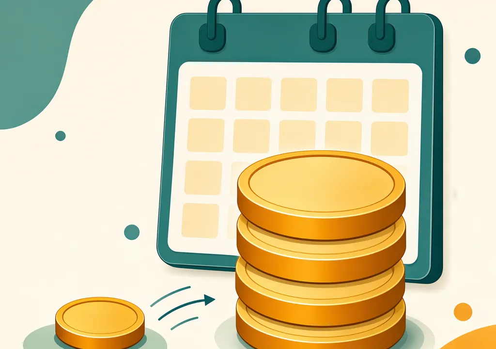 Illustration of a small coin separated from a larger stack of coins, with a calendar motif suggesting time passing