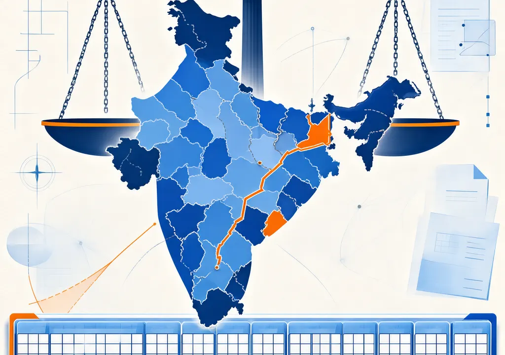 Stylized map of India with municipal ward boundaries, a calendar freeze period, and scales of justice in flat editorial illustration style