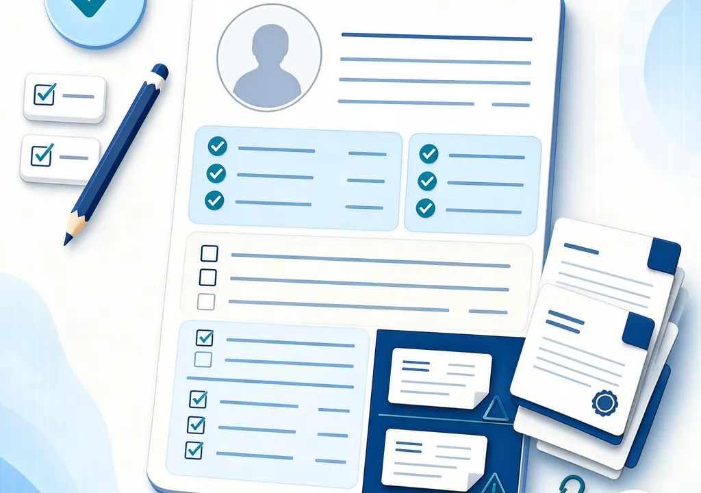 Editorial illustration of a stylized document with categorized checkboxes and affidavit forms representing Aadhaar name correction requirements
