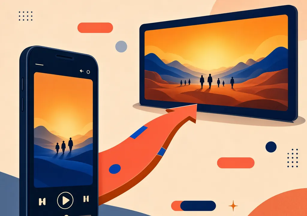 Illustration of a smartphone showing a vertical video preview with an arrow leading to a larger cinema screen representing the full movie