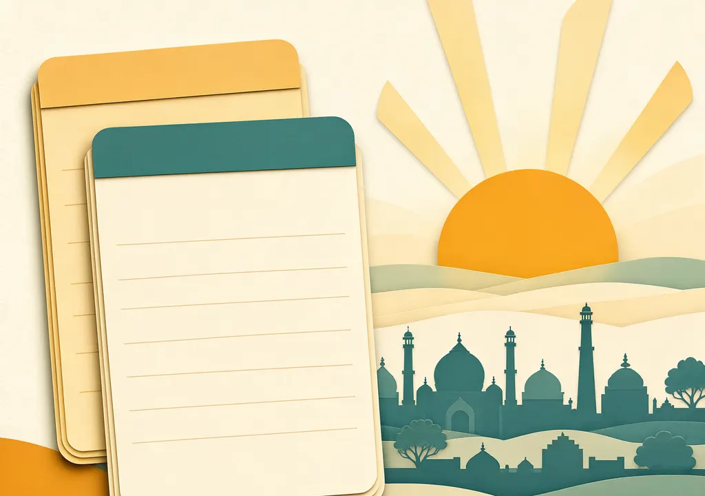 Symbolic calendar pages beside a sunrise and stylized New Delhi skyline, illustrating local Ekadashi timing.