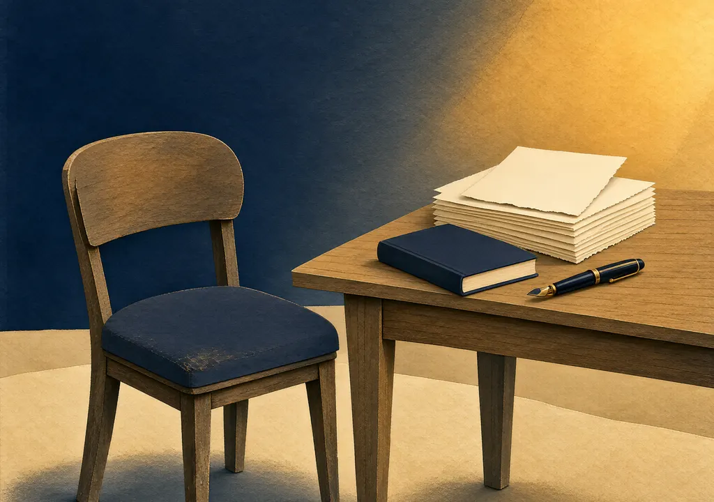 Symbolic illustration of an empty writer's chair beside a desk with a pen, manuscript pages and a closed book.