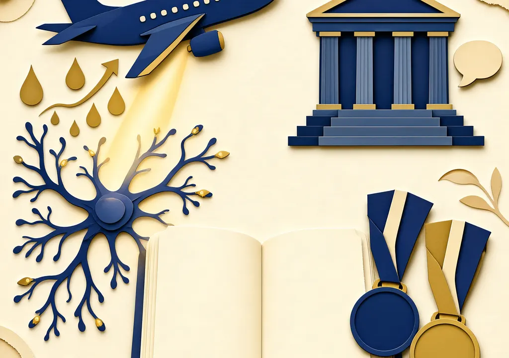 Illustration of a plane, courthouse, light beam and neuron, and two sports medals around a blank notebook.