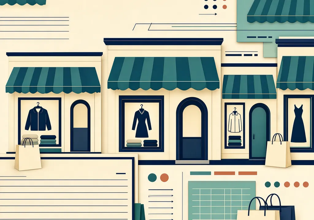 Editorial illustration of clothing storefronts and shopping bags representing a retail business update.