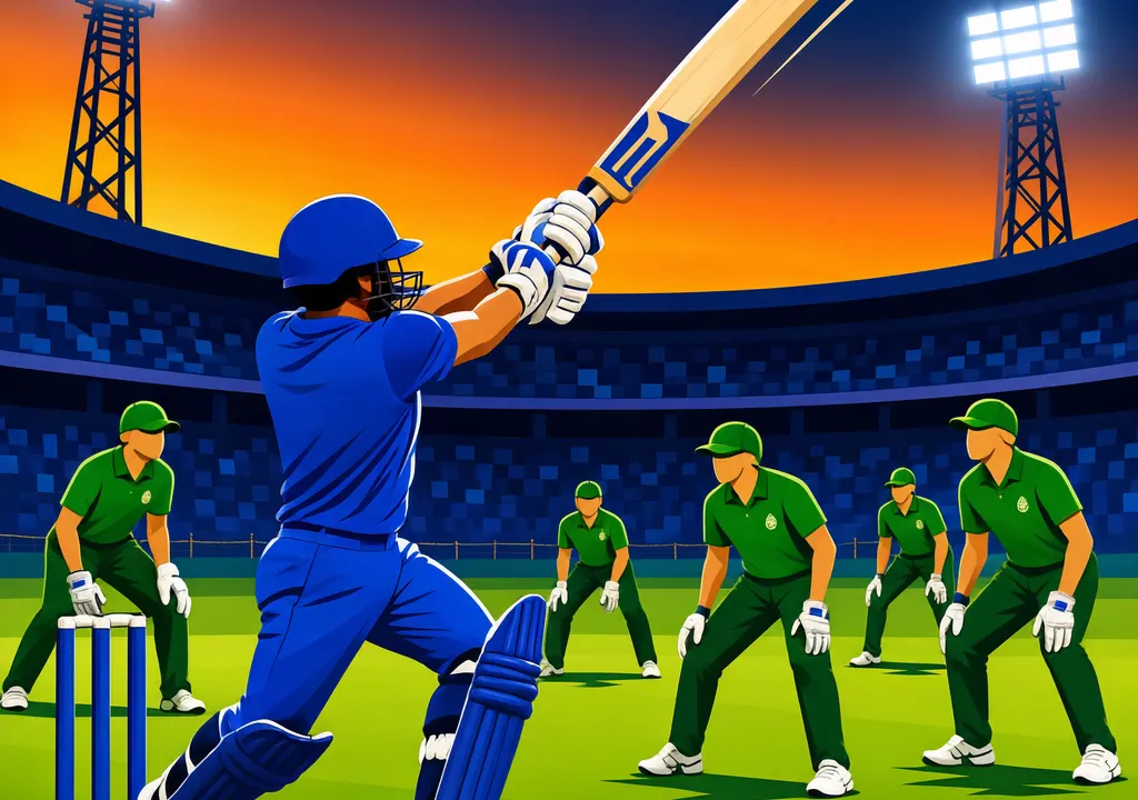 Editorial illustration of a cricket batsman hitting a powerful shot during a T20 qualifier match, with fielders in the background