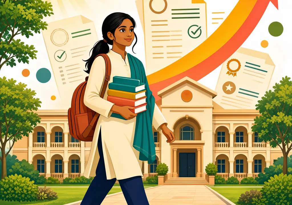 Illustration of a girl student heading toward college with scholarship symbols