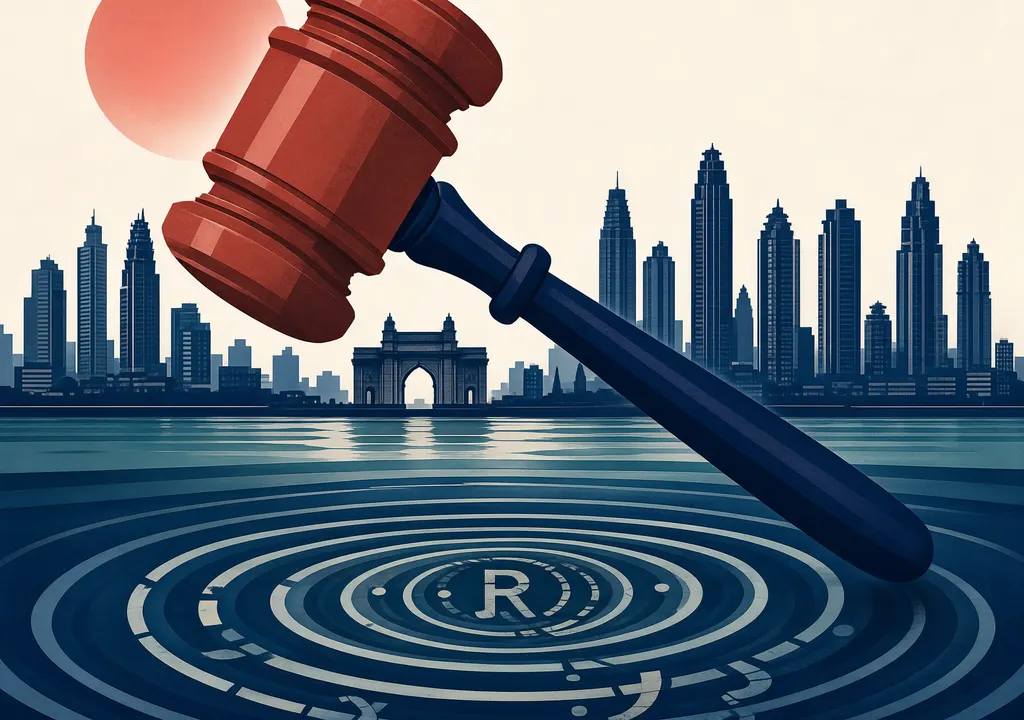 Symbolic illustration of legal action and financial loss in Mithi River desilting case with Mumbai skyline