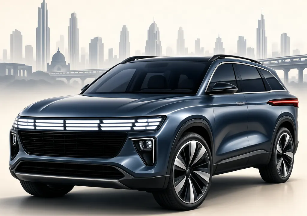 Stylized editorial illustration of a mid-size SUV with redesigned front fascia, horizontal LED DRLs in the grille, and connected LED tail lamps