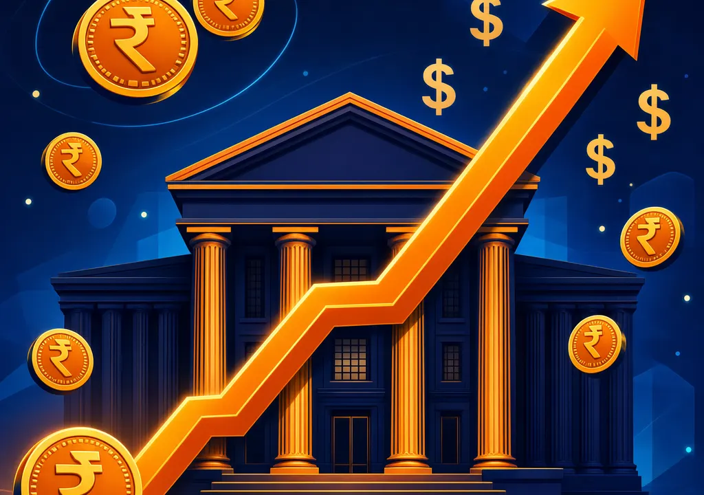 Editorial illustration of RBI building with rising rate arrow and floating rupee-dollar symbols