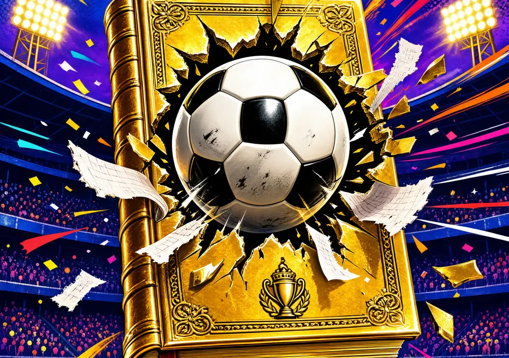 Editorial illustration of a soccer ball breaking through a golden record book with a stadium silhouette in the background
