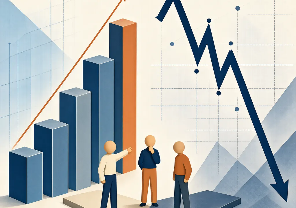 Editorial illustration showing a rising bar chart of SIP inflows alongside a downward-trending stock market line, with small human figures standing at a crossroads