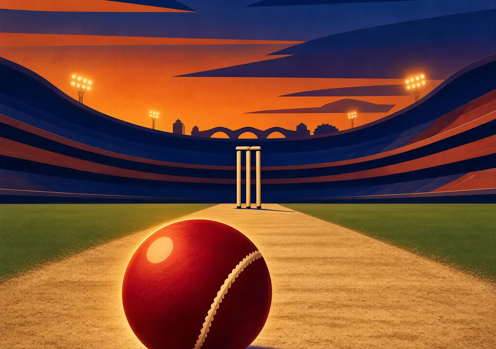 Editorial illustration of a cricket stadium at dusk with a glowing ball on the pitch