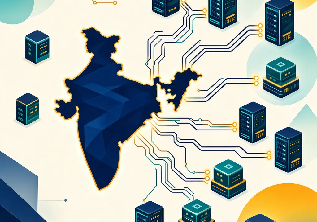 Conceptual editorial illustration of AI compute infrastructure connecting to India with abstract data center nodes and circuit patterns.