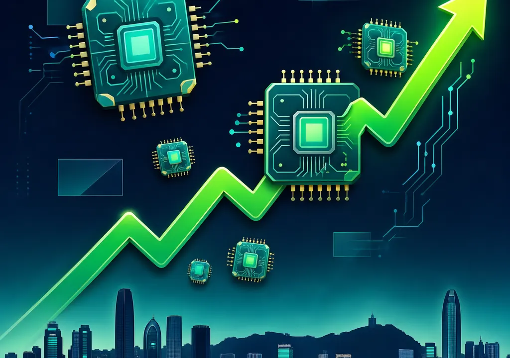 Editorial illustration of a stylized stock market chart with upward-trending lines and semiconductor chip motifs, in a flat modern design with blue and green tones