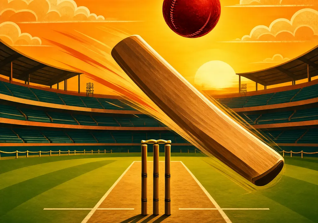 Stylized editorial illustration of a cricket match at a Puducherry stadium at sunset, with a ball in mid-air and a bat swinging