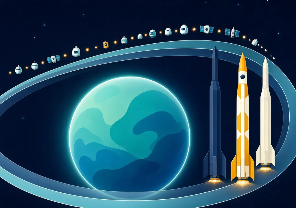 Editorial illustration of Earth's orbit ringed by three large crewed rockets and many smaller spacecraft belonging to other nations