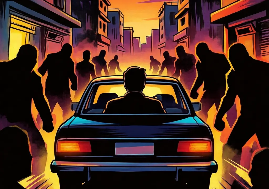 Stylized editorial illustration of a lone car driver in a dark sedan on a city street at dusk, surrounded by shadowy enemy silhouettes closing in from all sides, cinematic moody lighting, graphic novel style with bold colors, no text or logos