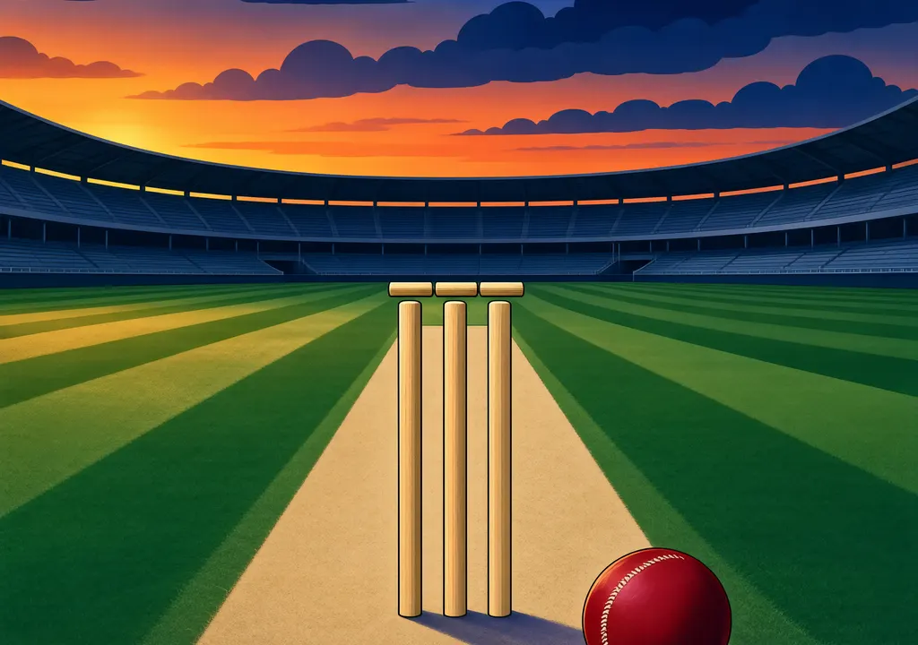 Cricket stadium at dusk with empty pitch and stumps, a cricket ball on the grass, warm orange and deep blue sky