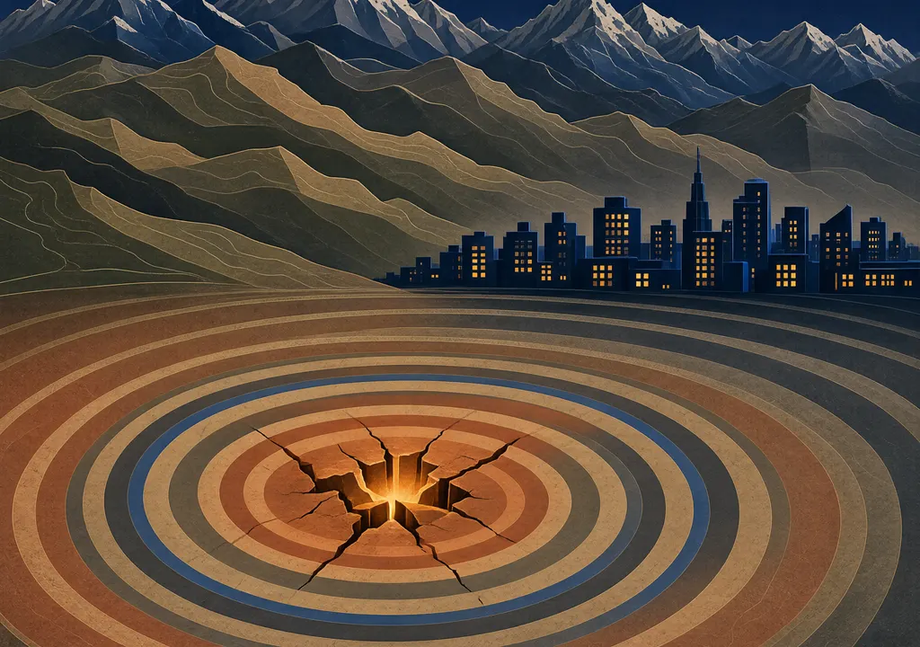 Stylized illustration of seismic waves radiating from the Himalayan foothills toward a city skyline at night.