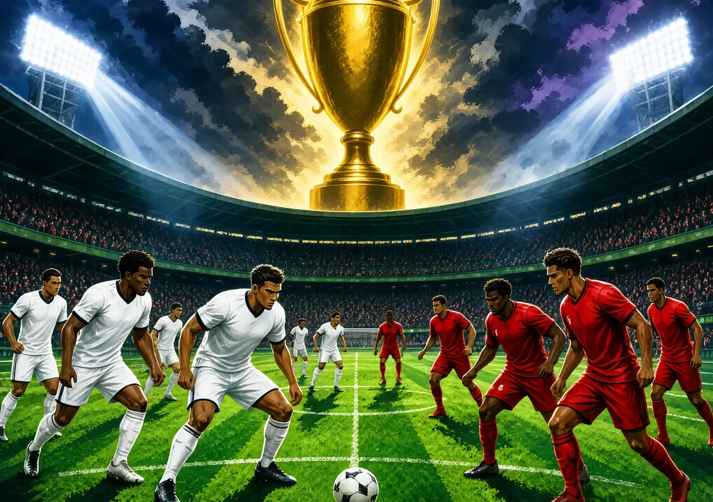 Editorial illustration of Wembley Stadium at night with two football teams on the pitch under floodlights